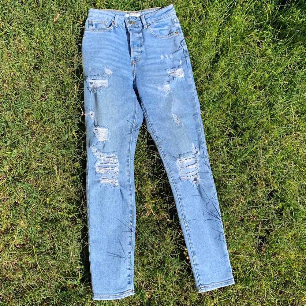 Distressed high rise mom jeans